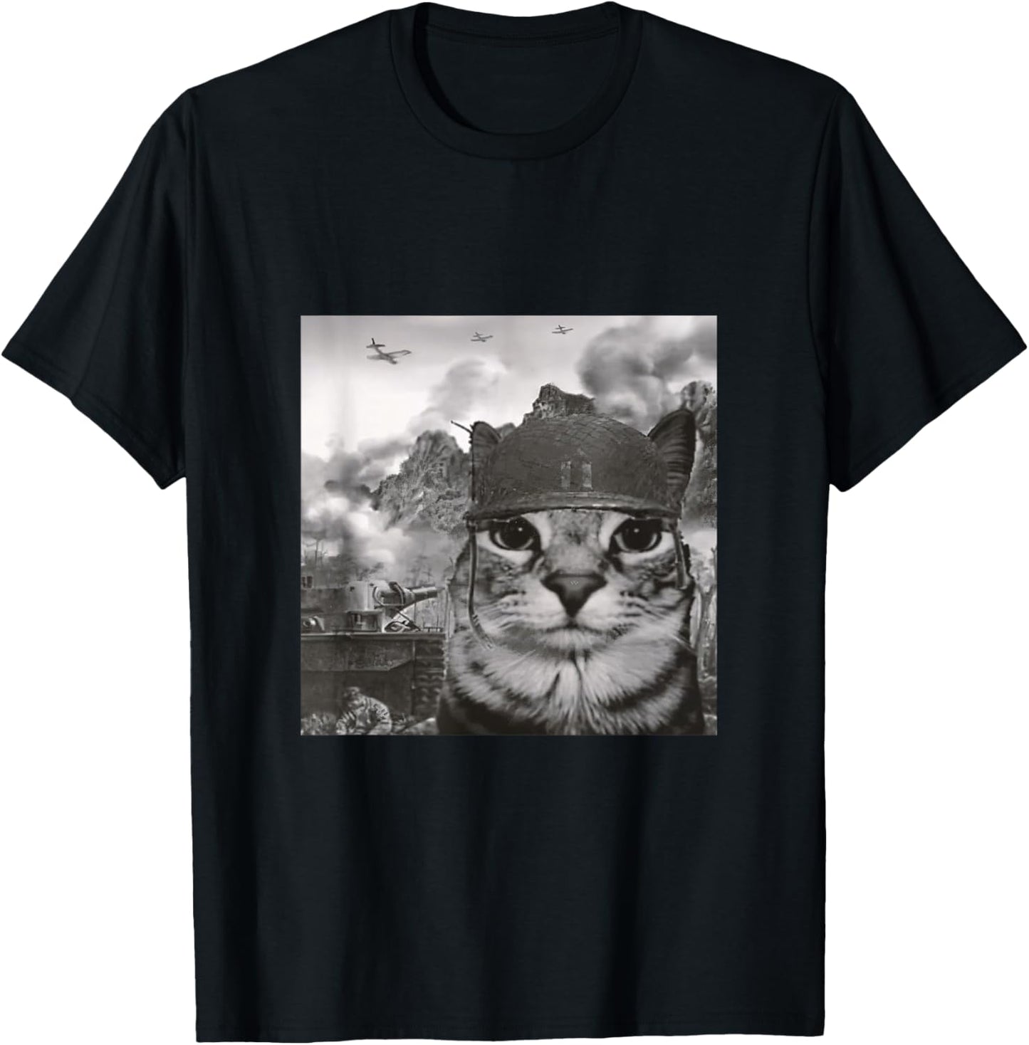 War Cat in The Battlefield, Kitten Soldier Selfie in Battle T-Shirt - T-Shirt | Black