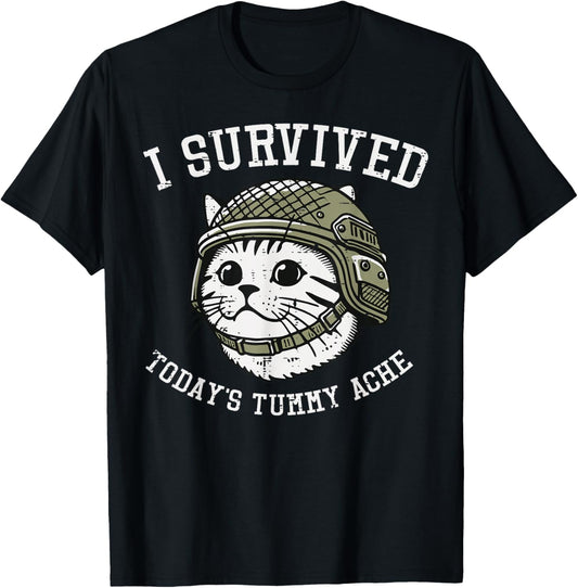 I Survived Todays Tummy Ache Cat Funny Saying Cringe Weird T-Shirt - T-Shirt | Black