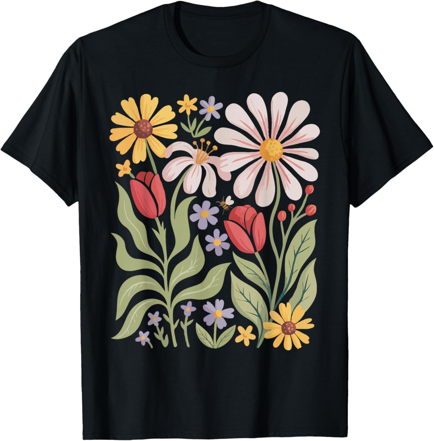 Retro Wildflowers Flowers Pattern Summer Spring Boho Vintage T-Shirt - T-Shirt | Black