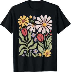 Retro Wildflowers Flowers Pattern Summer Spring Boho Vintage T-Shirt - T-Shirt | Black