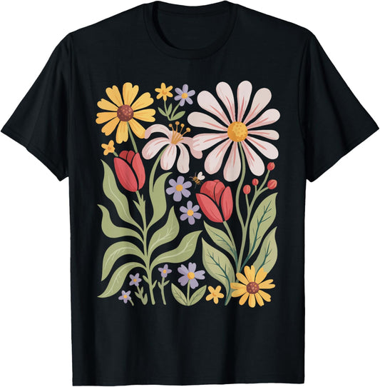 Retro Wildflowers Flowers Pattern Summer Spring Boho Vintage T-Shirt - T-Shirt | Black