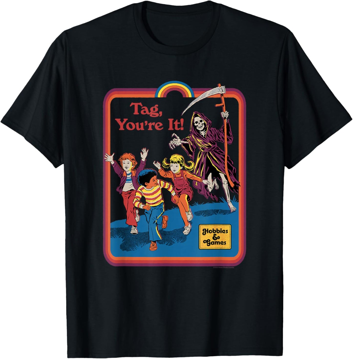 Steven Rhodes Grim Reaper Tag You're It Retro Dark Humor T-Shirt - T-Shirt | Black
