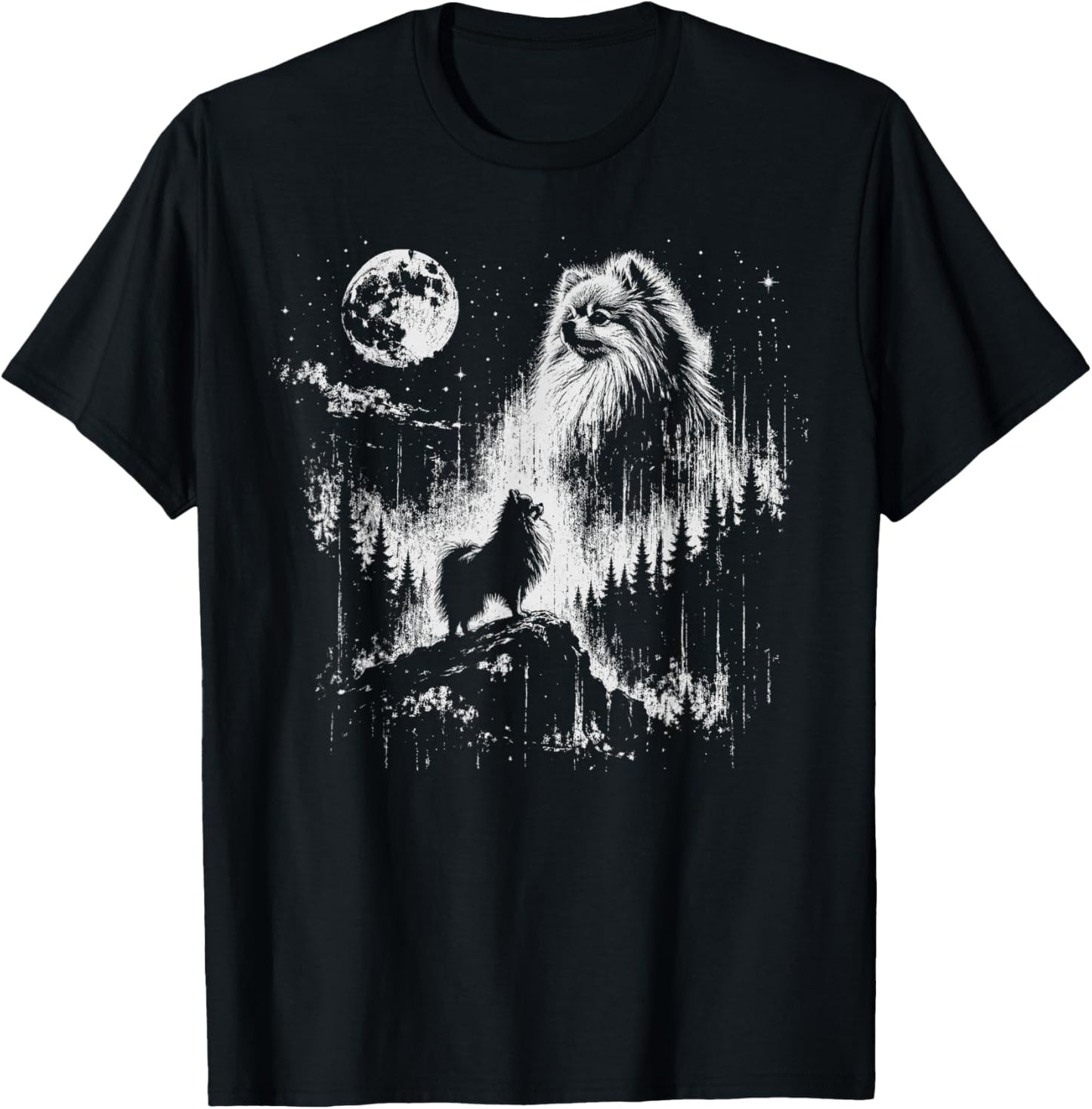 Pomeranian Howling to The Moon Vintage Mystical Dog Art T-Shirt - T-Shirt | Black