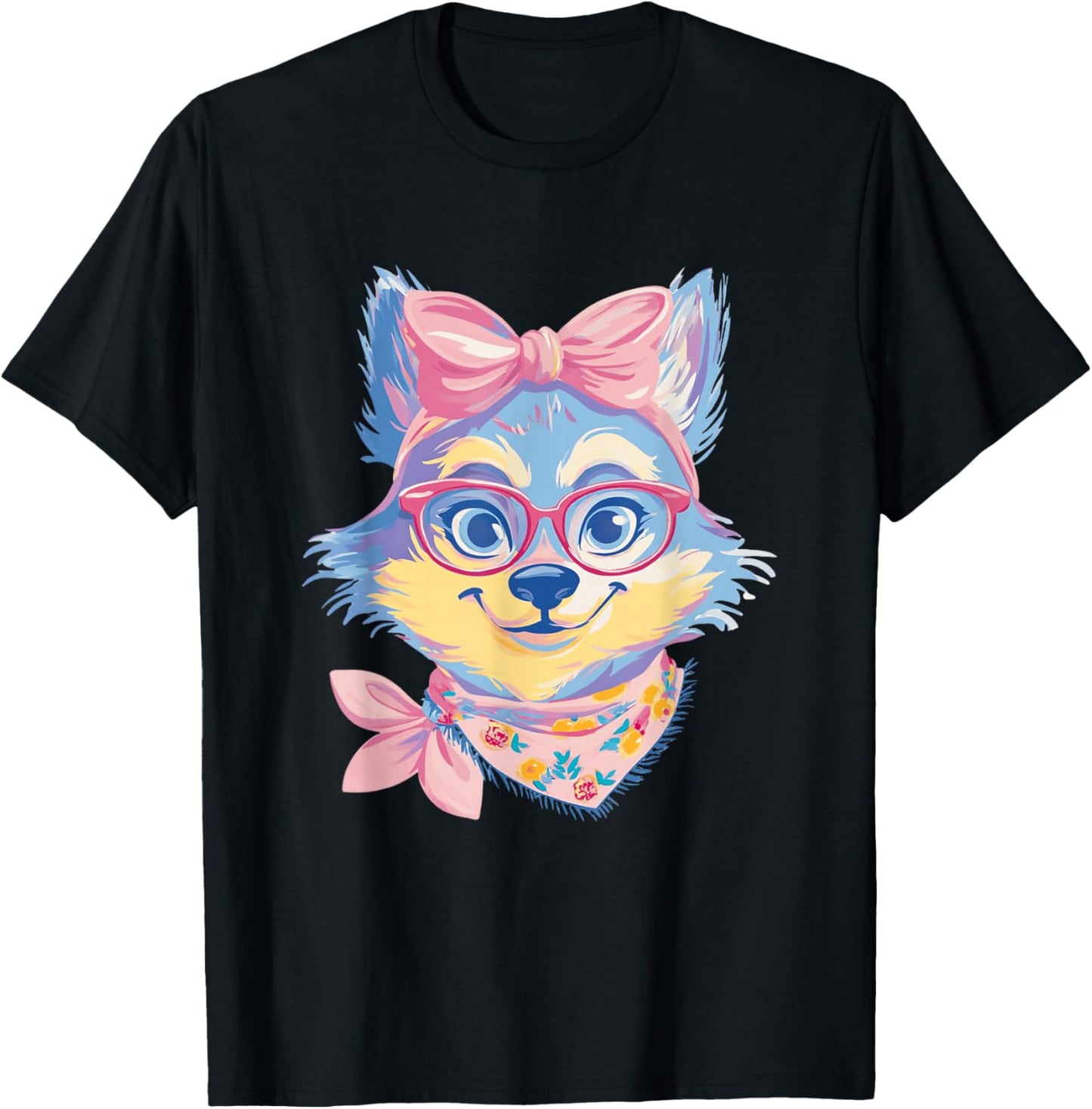 Blue Fox Portrait Animal Lover Graphic Pink Glasses Bow T-Shirt - T-Shirt | Black