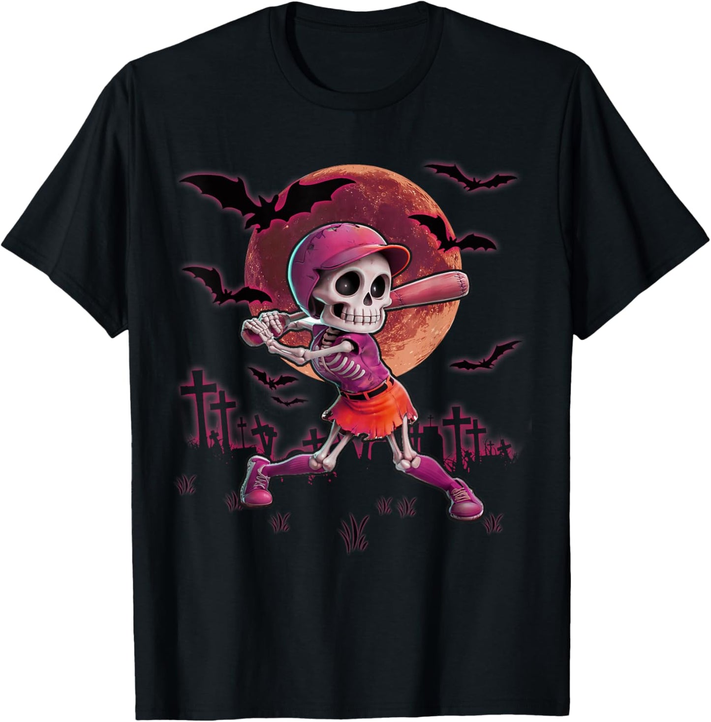 Softball Halloween Skeleton Girl Spooky Season Practice T-Shirt - T-Shirt | Black