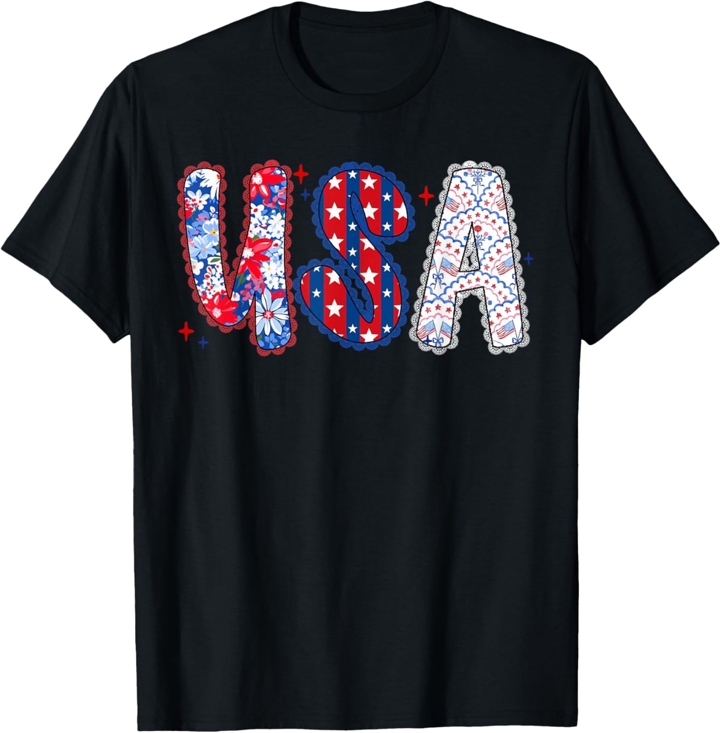 Floral USA Coquette Bow Preppy 4th of July American Flag T-Shirt - T-Shirt | Black