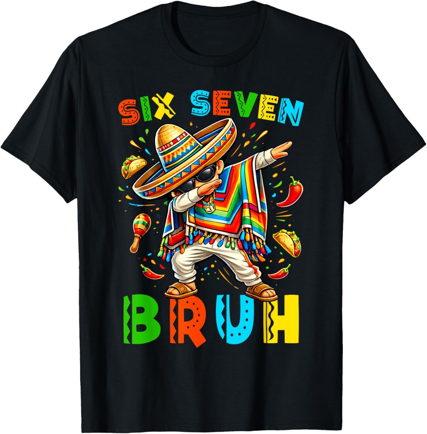 Six Seven Cinco De Mayo Mexican Boy Dabbing Poncho 67 Meme T-Shirt - T-Shirt | Black