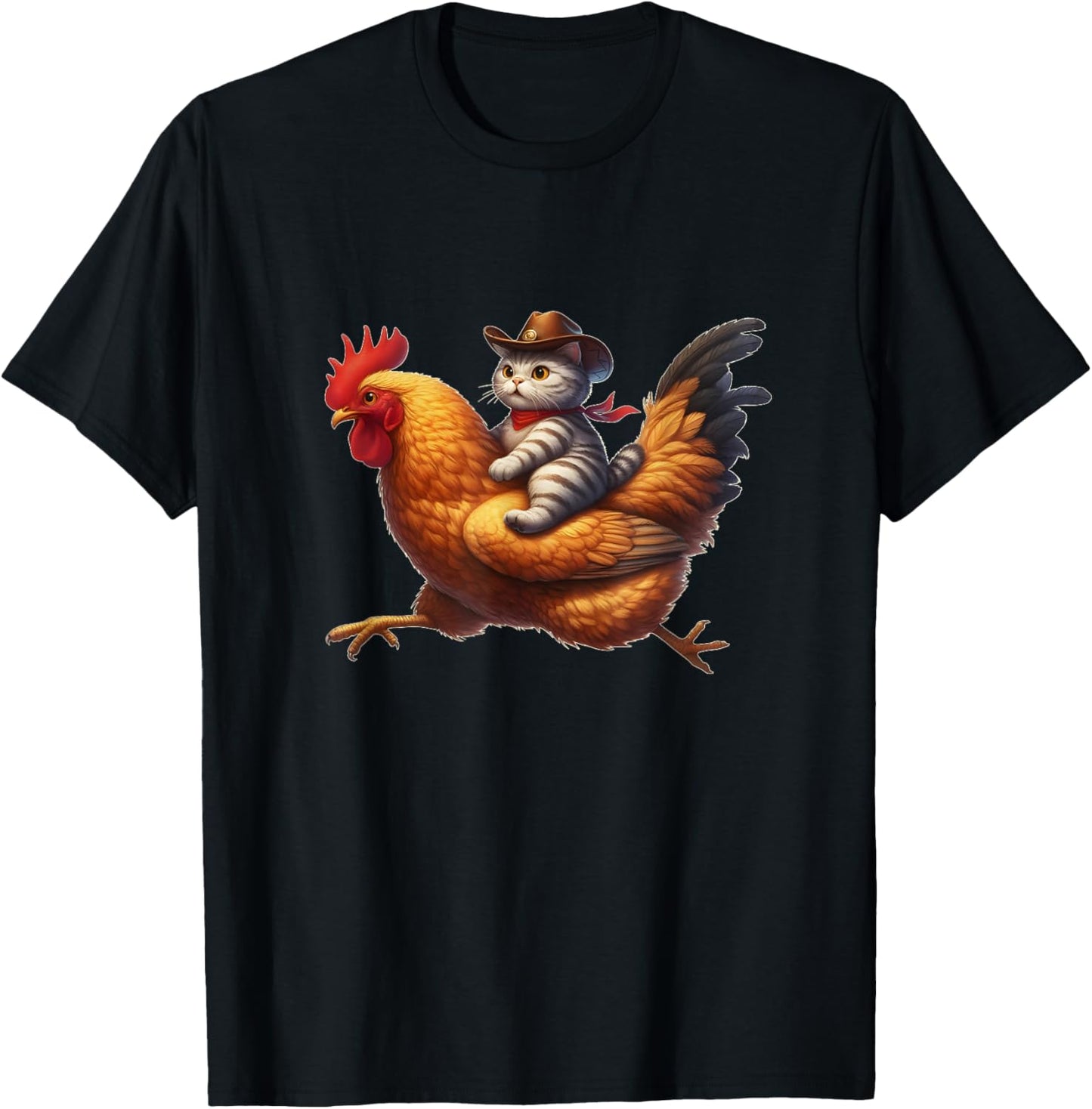 Funny Cat Riding Rooster Rodeo Cowboy Cat Riding Chicken T-Shirt - T-Shirt | Black