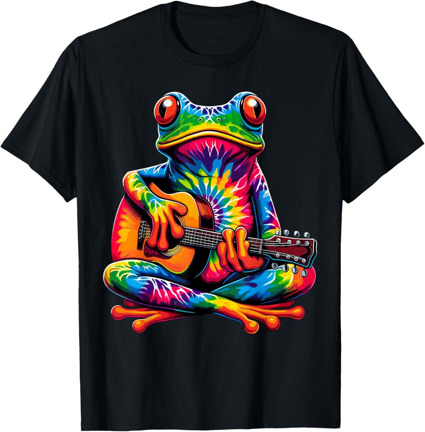 Tie-Dye Frog Playing Guitar Peace Sign Hippie T-Shirt - T-Shirt | Black