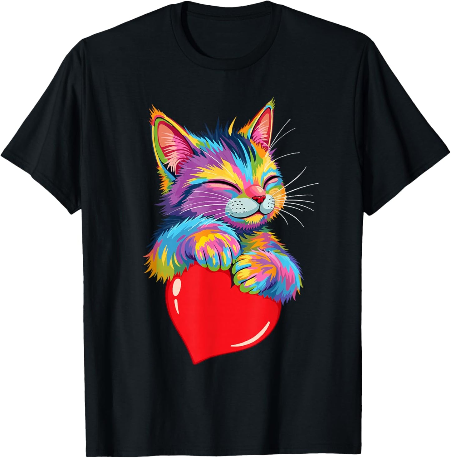 Valentines Day Cat And Love Heart Women Girls Cats Lover T-Shirt - T-Shirt | Black