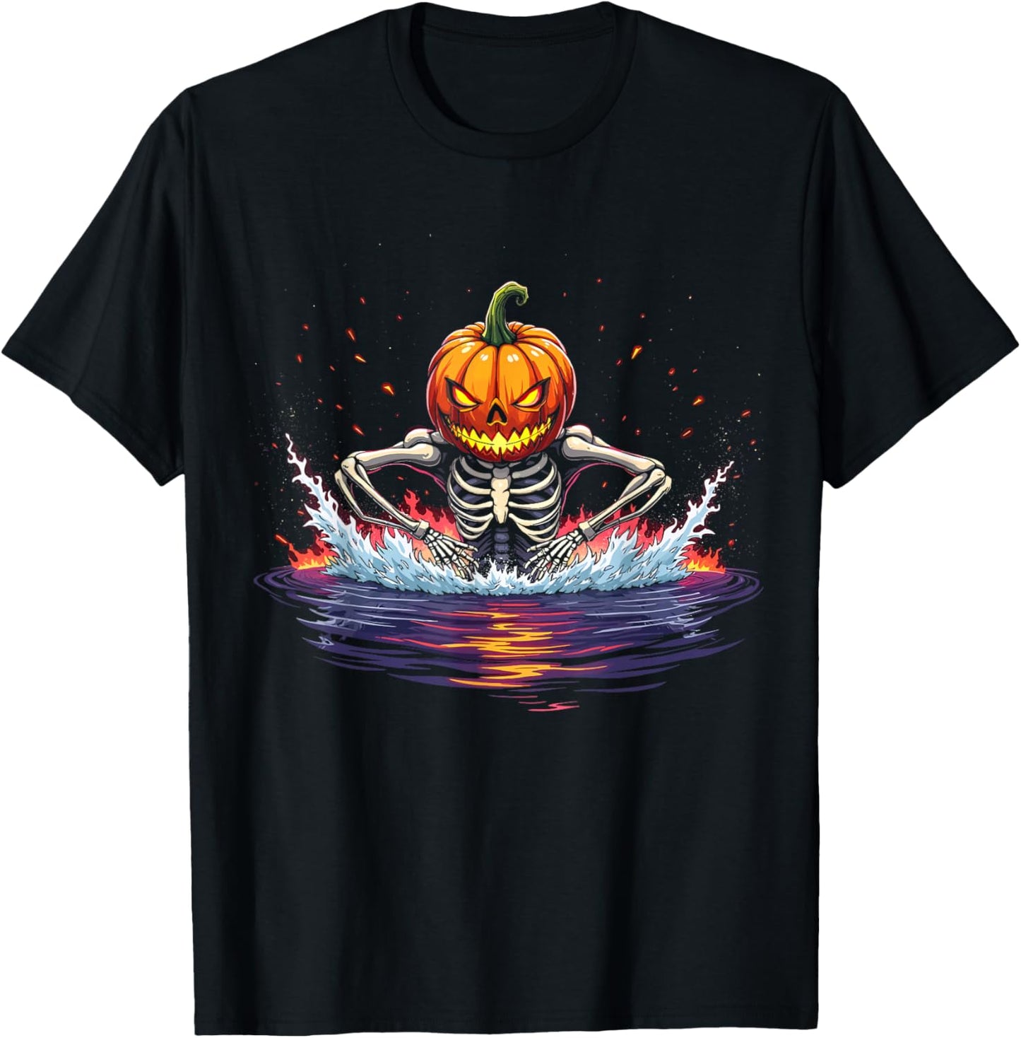 Pumpkin Head Skeleton Swimming Halloween Spooky Sports T-Shirt - T-Shirt | Black