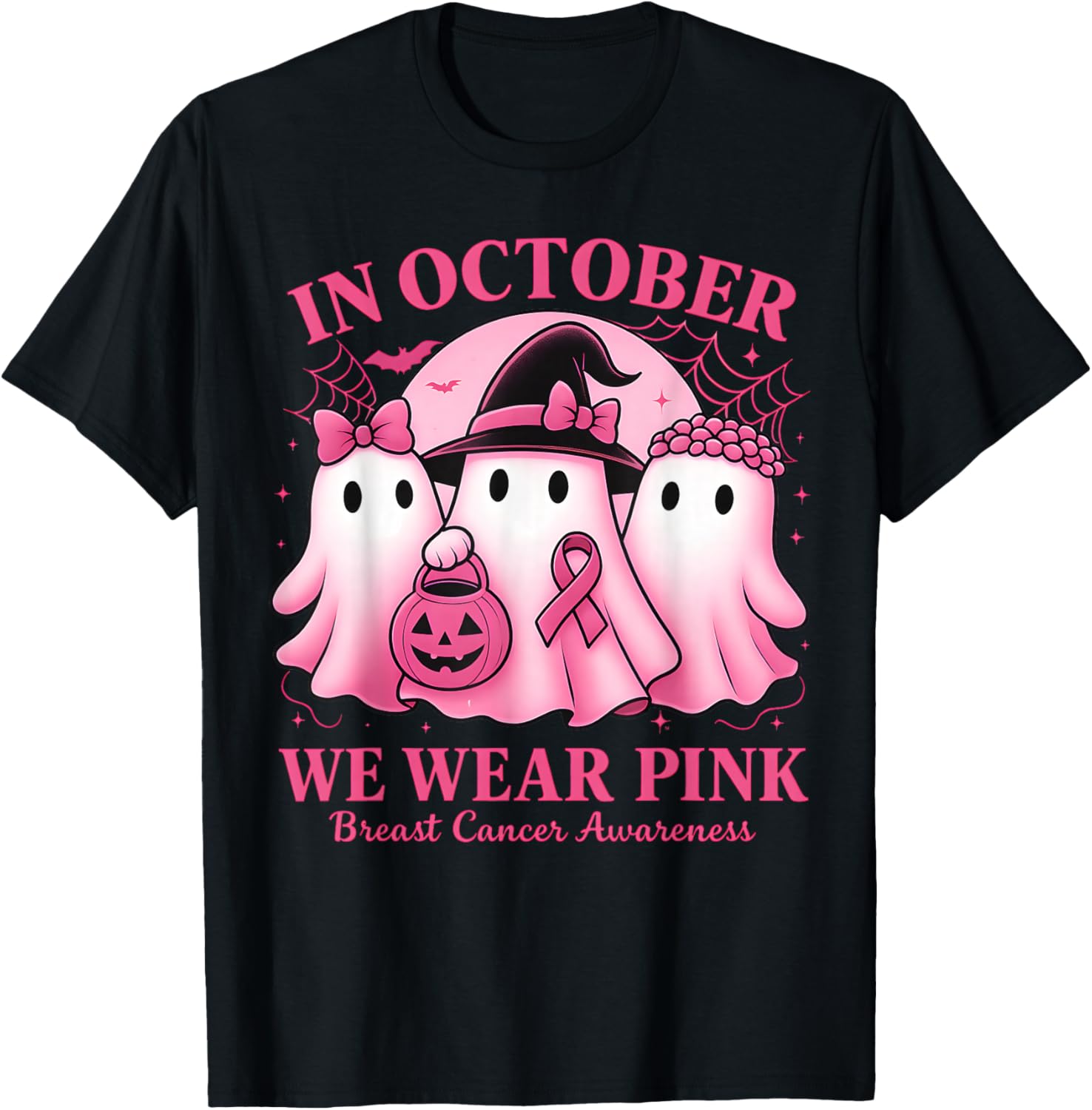 in October We Wear Pink Ghost Halloween Women Breast Cancer T-Shirt - T-Shirt | Black