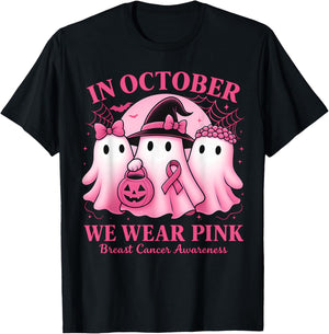 in October We Wear Pink Ghost Halloween Women Breast Cancer T-Shirt - T-Shirt | Black