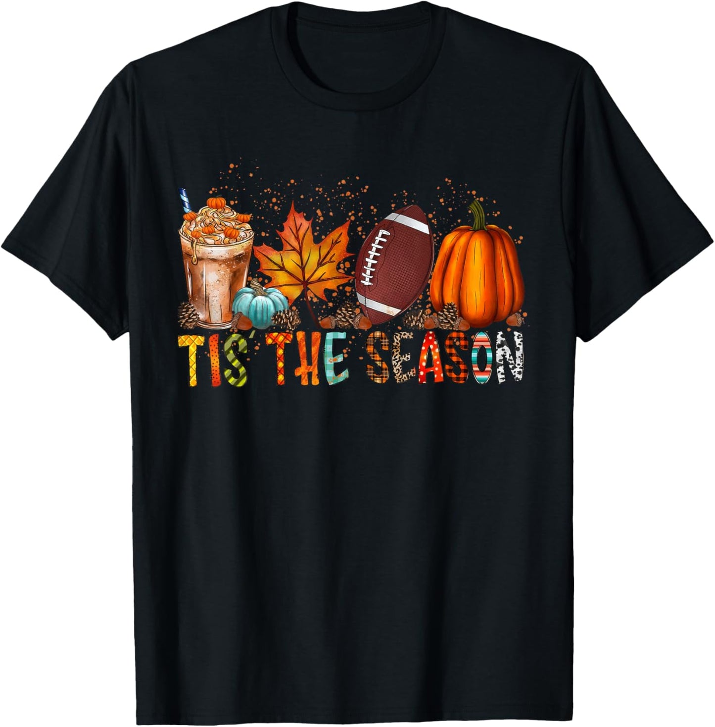 Tis The Season Fall Football Autumn Pumpkin Coffee T-Shirt - T-Shirt | Black