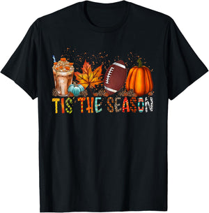 Tis The Season Fall Football Autumn Pumpkin Coffee T-Shirt - T-Shirt | Black