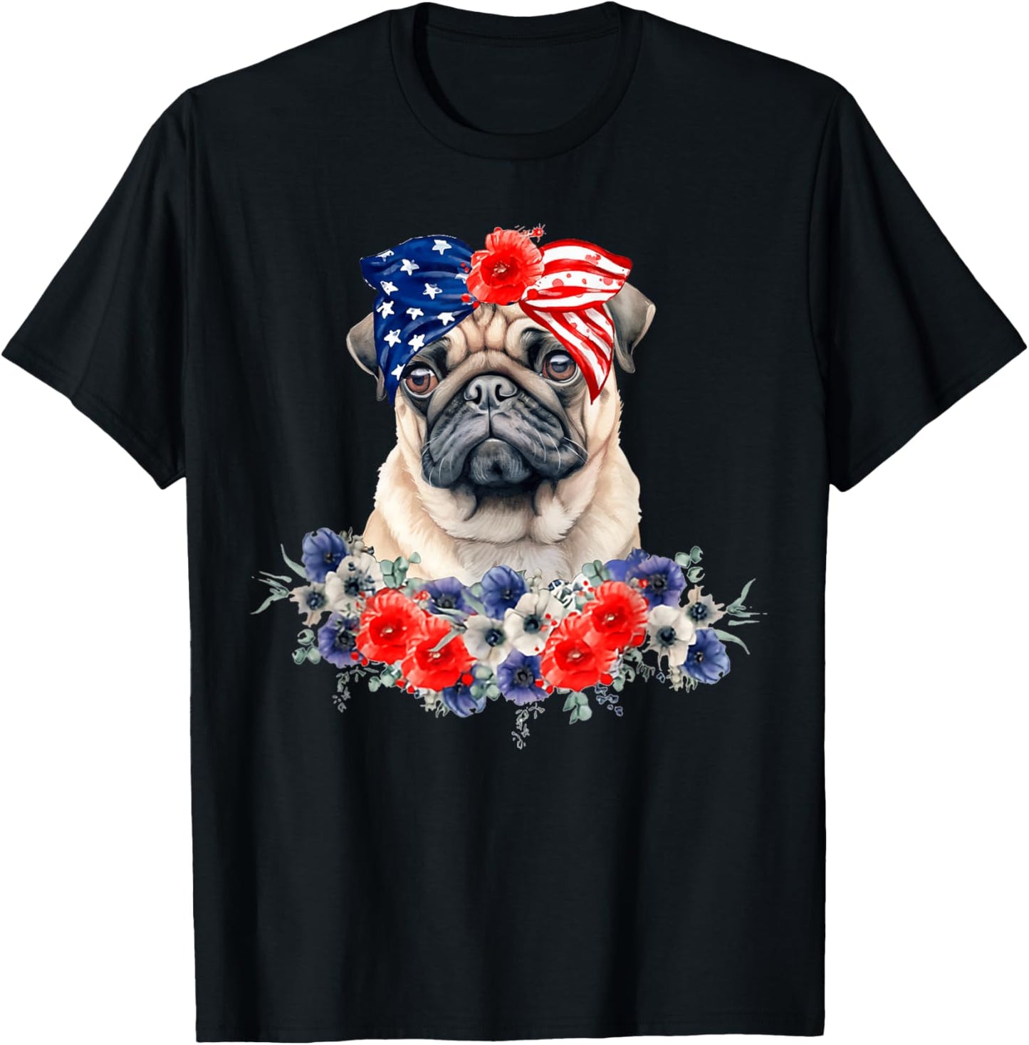 Pug Dog Bandana American Flag 4th Of July Women Kids Men T-Shirt - T-Shirt | Black