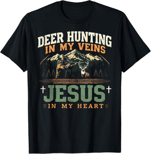 Deer Hunting In My Veins Jesus in My Heart Funny Christian T-Shirt - T-Shirt | Black
