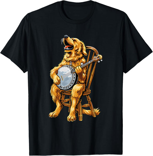 Golden Retriever Dog Bluegrass Banjo Player T-Shirt - T-Shirt | Black