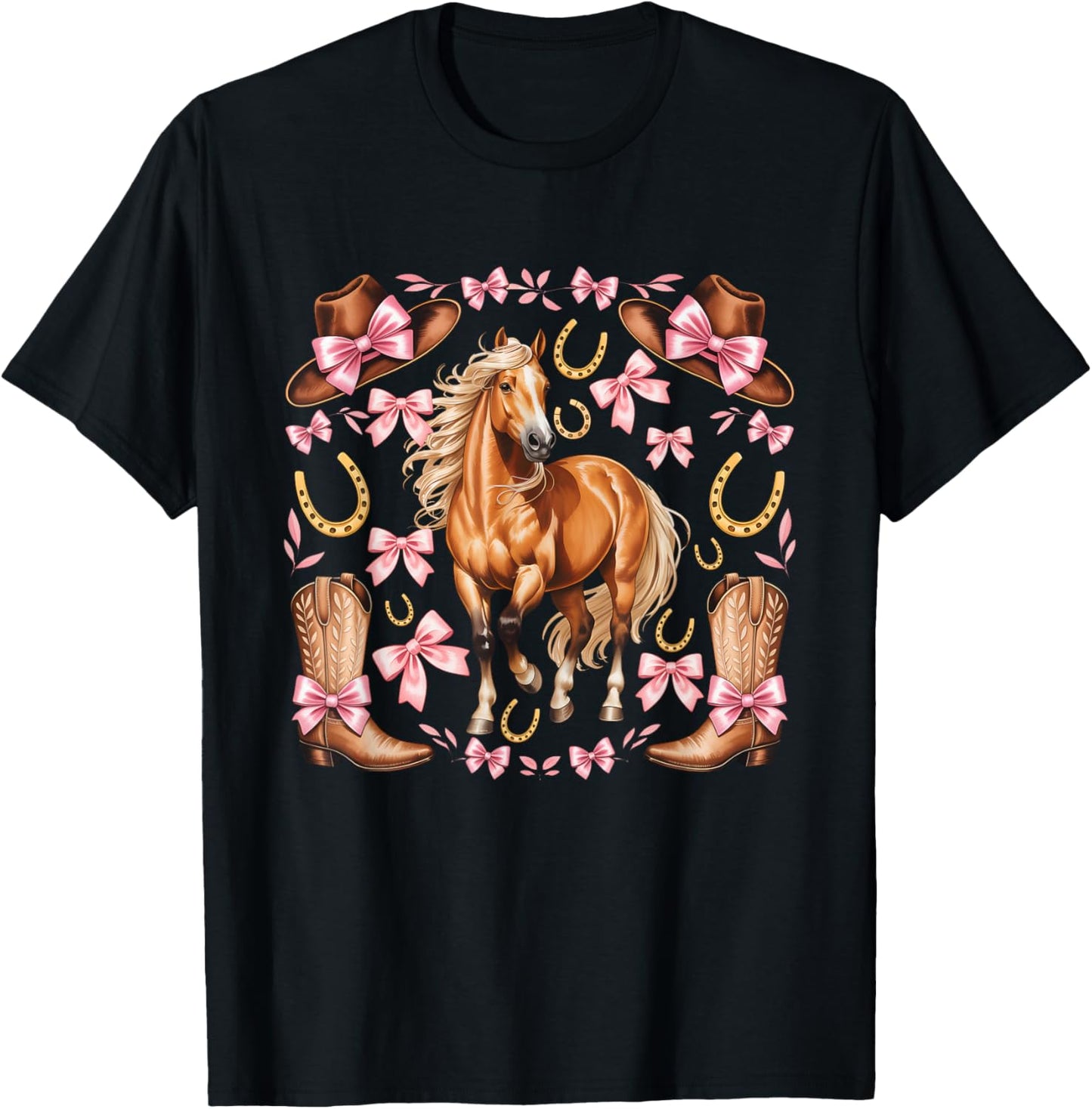 Western Girl Country Rodeo Pink Cowgirl Horse Coquette Bow T-Shirt - T-Shirt | Black
