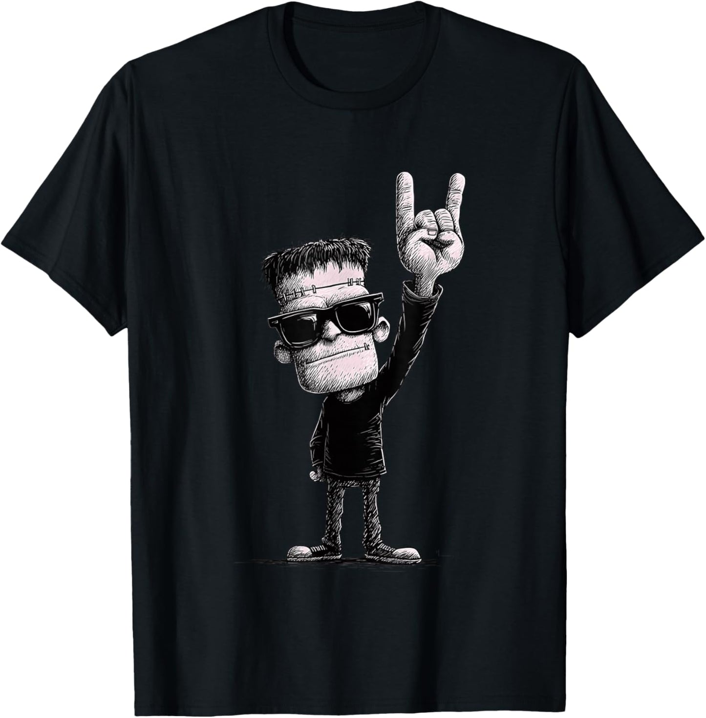 Rock On Frankenstein Halloween Style T-Shirt - T-Shirt | Black