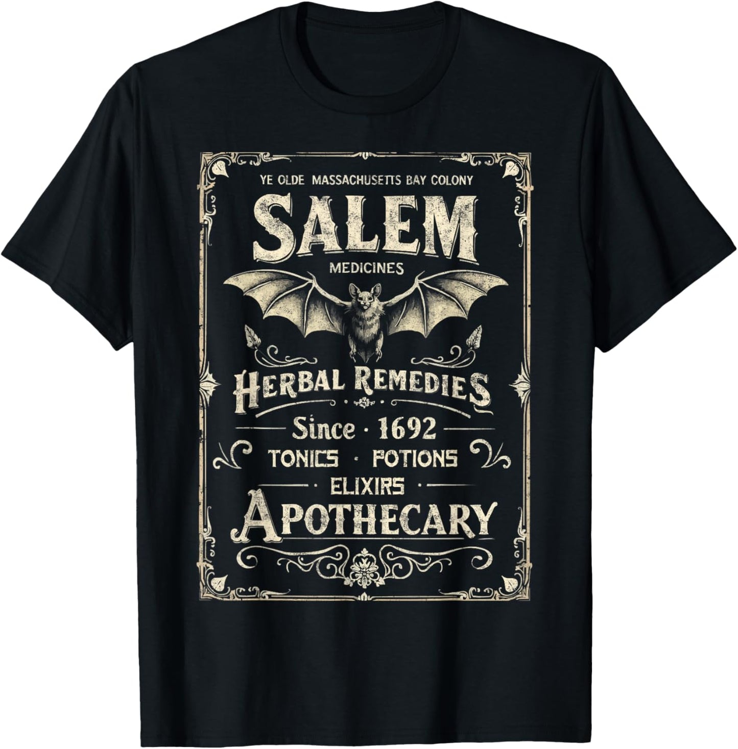 Vintage Salem 1692 Medicines Apothecary Funny Halloween T-Shirt - T-Shirt | Black