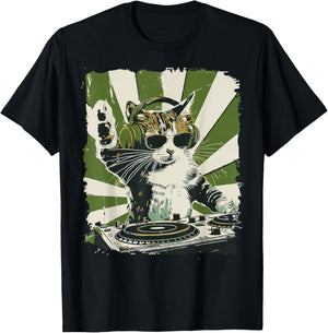 Funny Cat with Headphones & Sunglasses Vintage Art T-Shirt - T-Shirt | Black