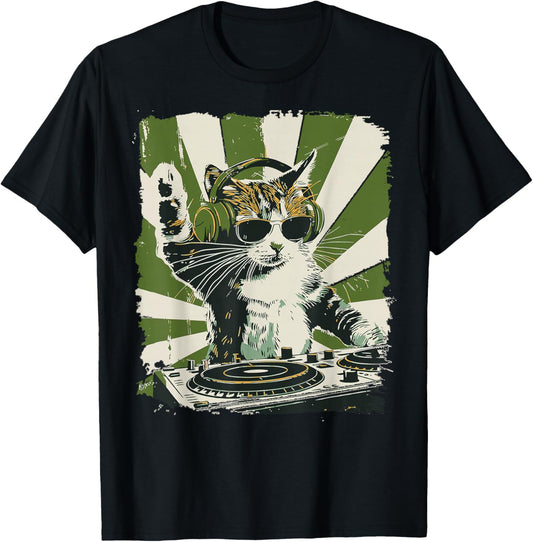 Funny Cat with Headphones & Sunglasses Vintage Art T-Shirt - T-Shirt | Black