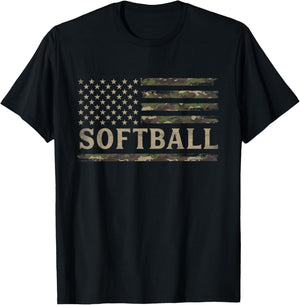 Camo Softball Camourflage USA Flag Player Coach T-Shirt - T-Shirt | Black