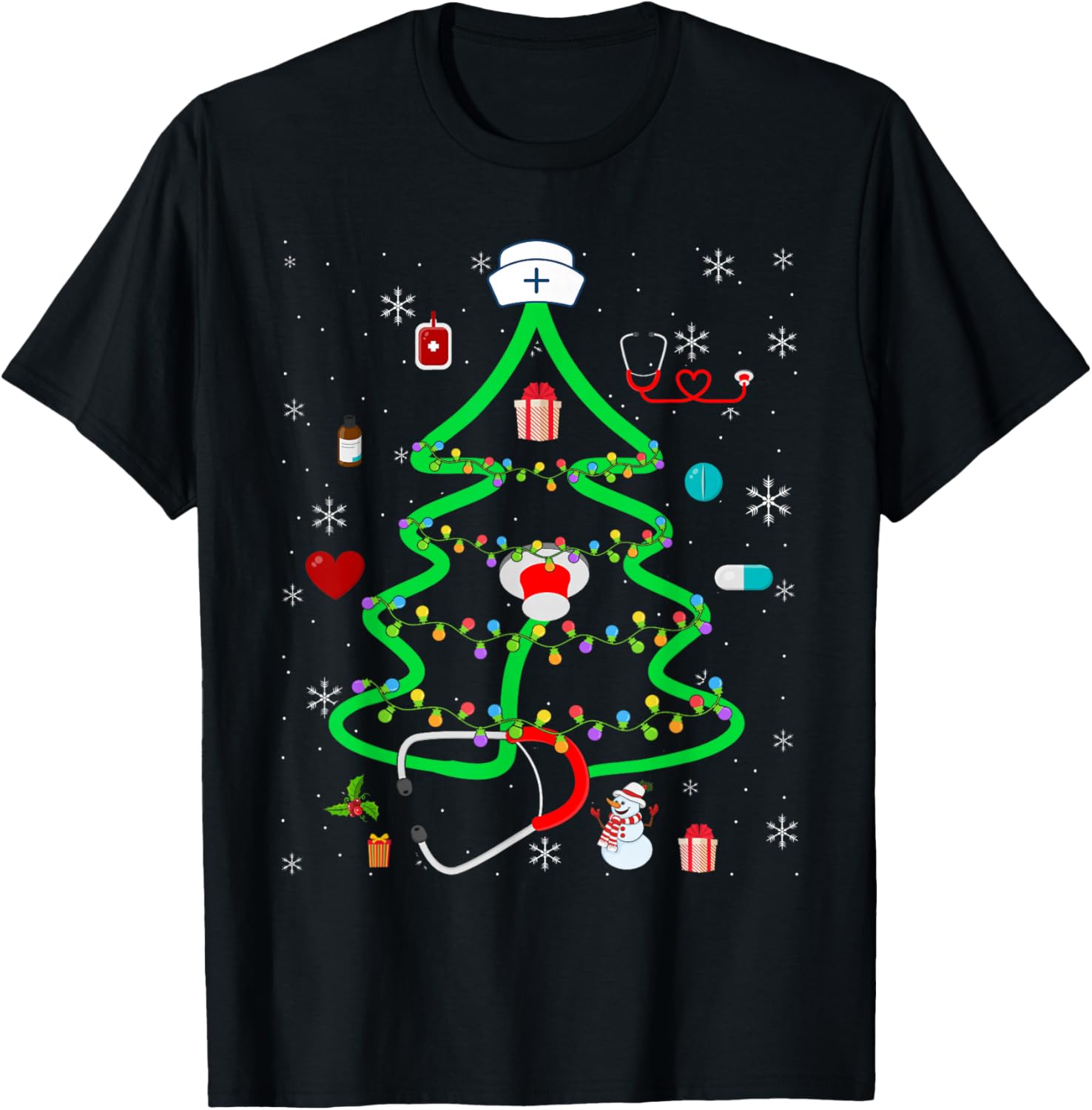 Christmas Nurse Stethoscope Christmas Tree RN Nursing T-Shirt - T-Shirt | Black