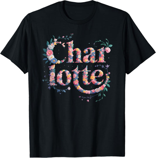 Charlotte Personalised Name Girl Birthday Party Floral T-Shirt - T-Shirt | Black