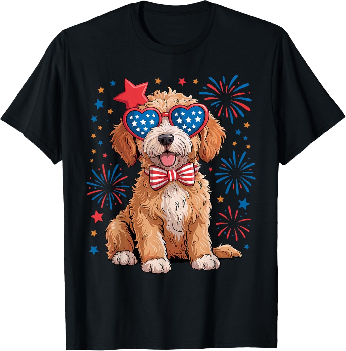 Patriotic Goldendoodle Dog 4th of July Fireworks Sunglasses T-Shirt - T-Shirt | Black