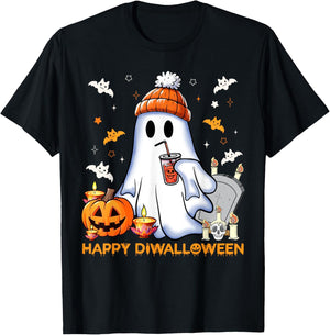 Happy Diwalloween Diwali Halloween Costume Adult Black Small Short Sleeve Modern Mandarin Collar Cartoon Applique Diwali Halloween Fusion T-Shirt - T-Shirt | Black