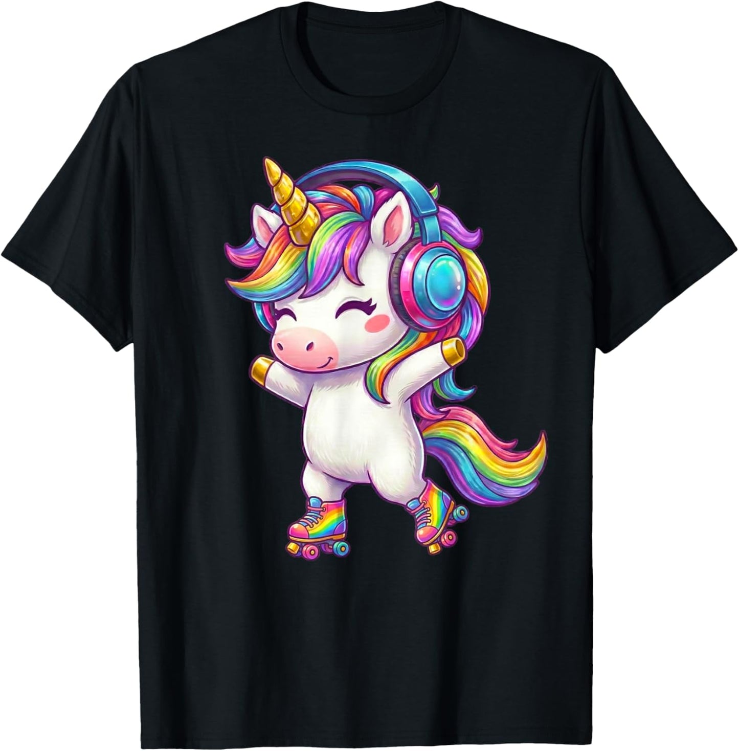 Roller Skating Unicorn Rainbow Music Headphones for Girls T-Shirt - T-Shirt | Black