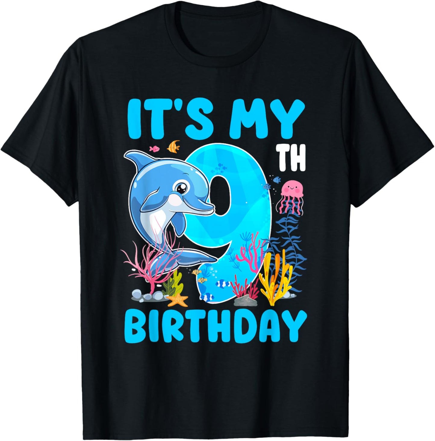 It's My 9th Birthday Dolphin Sea Animal Themed 9 Year Old T-Shirt - T-Shirt | Black
