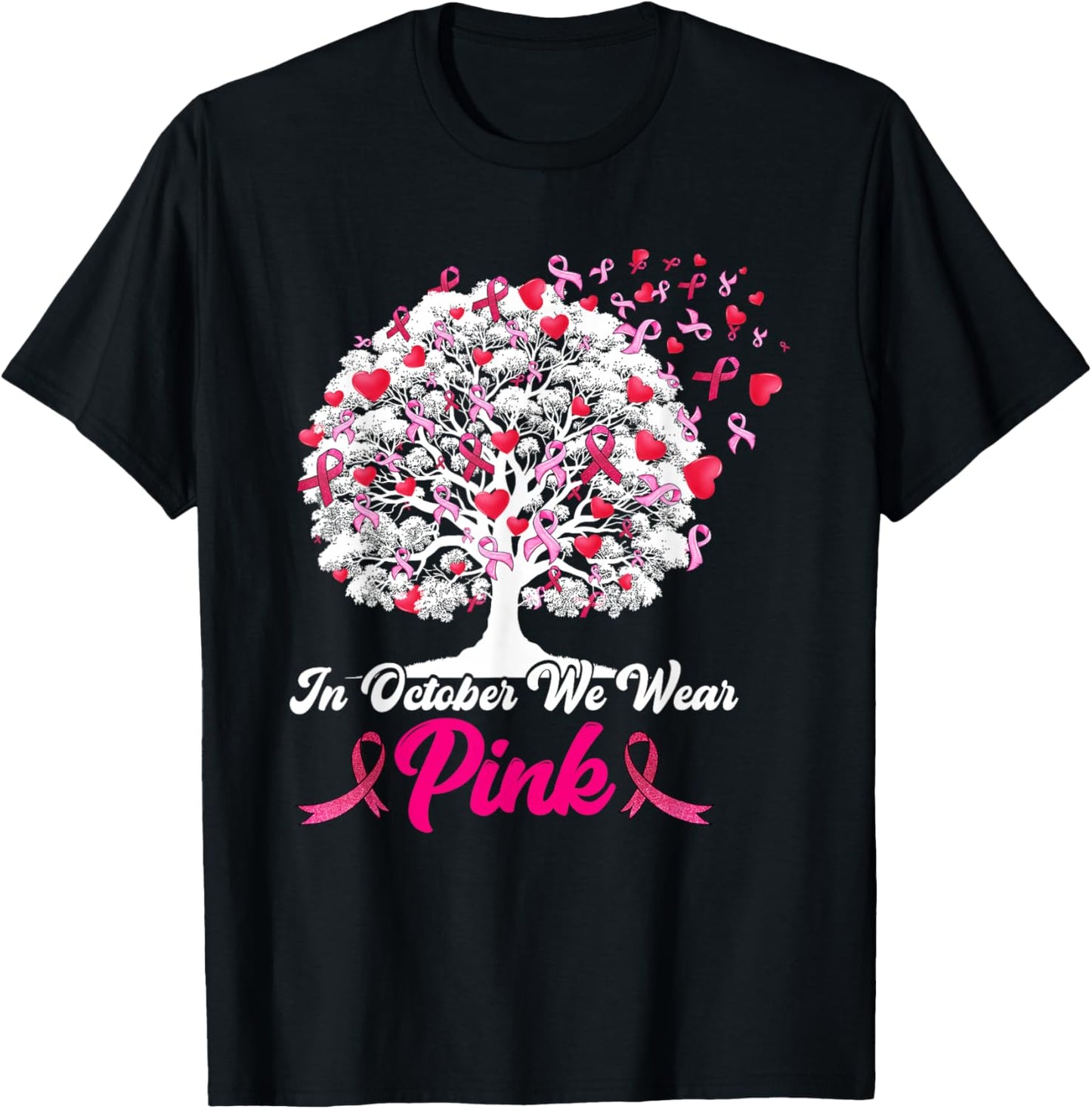 Breast Cancer Survivors in October We Wear Pink Ribbon Tree T-Shirt - T-Shirt | Black