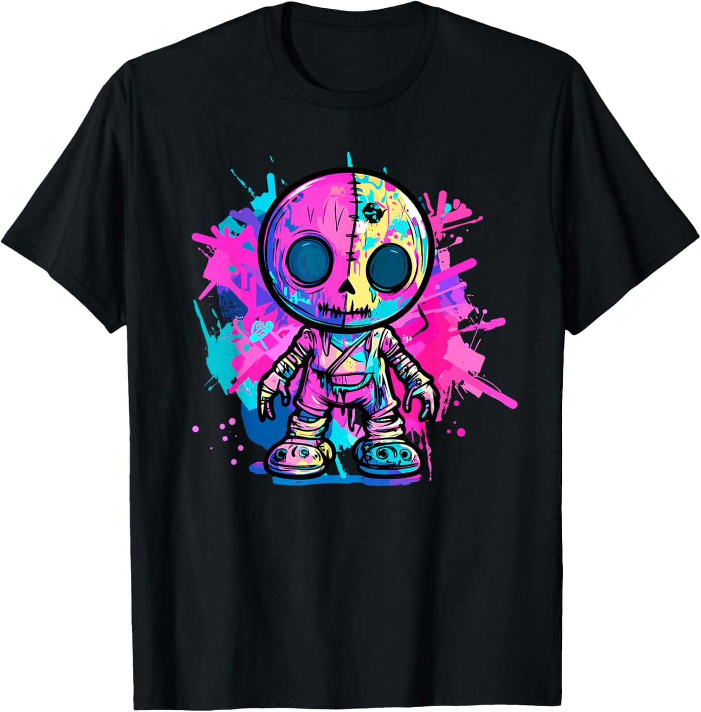 Vibrant Skull Doll Graffiti Style T-Shirt - T-Shirt | Black