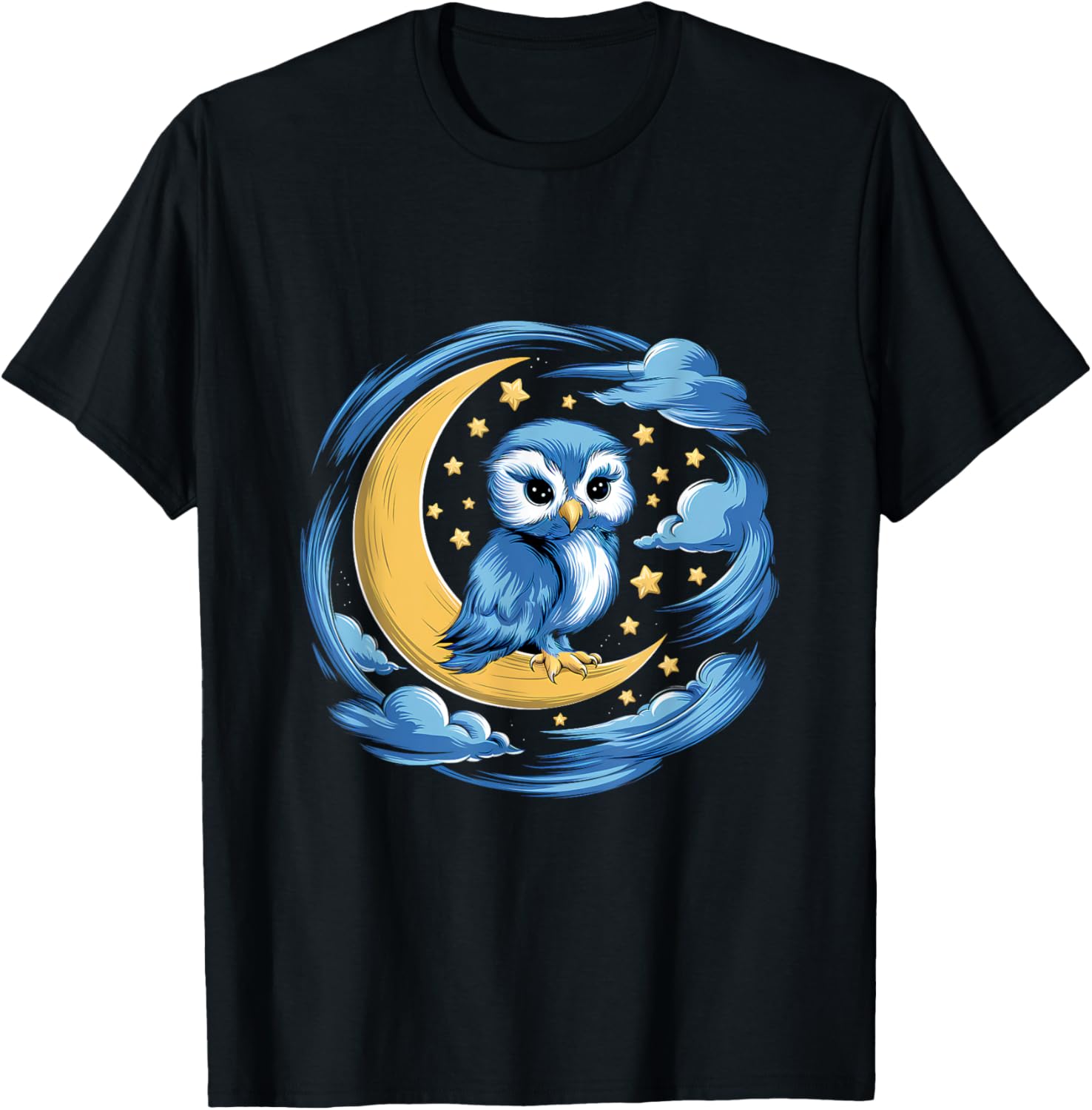 Lovely Owl Sitting On Crescent Moon With Stars T-Shirt - T-Shirt | Black