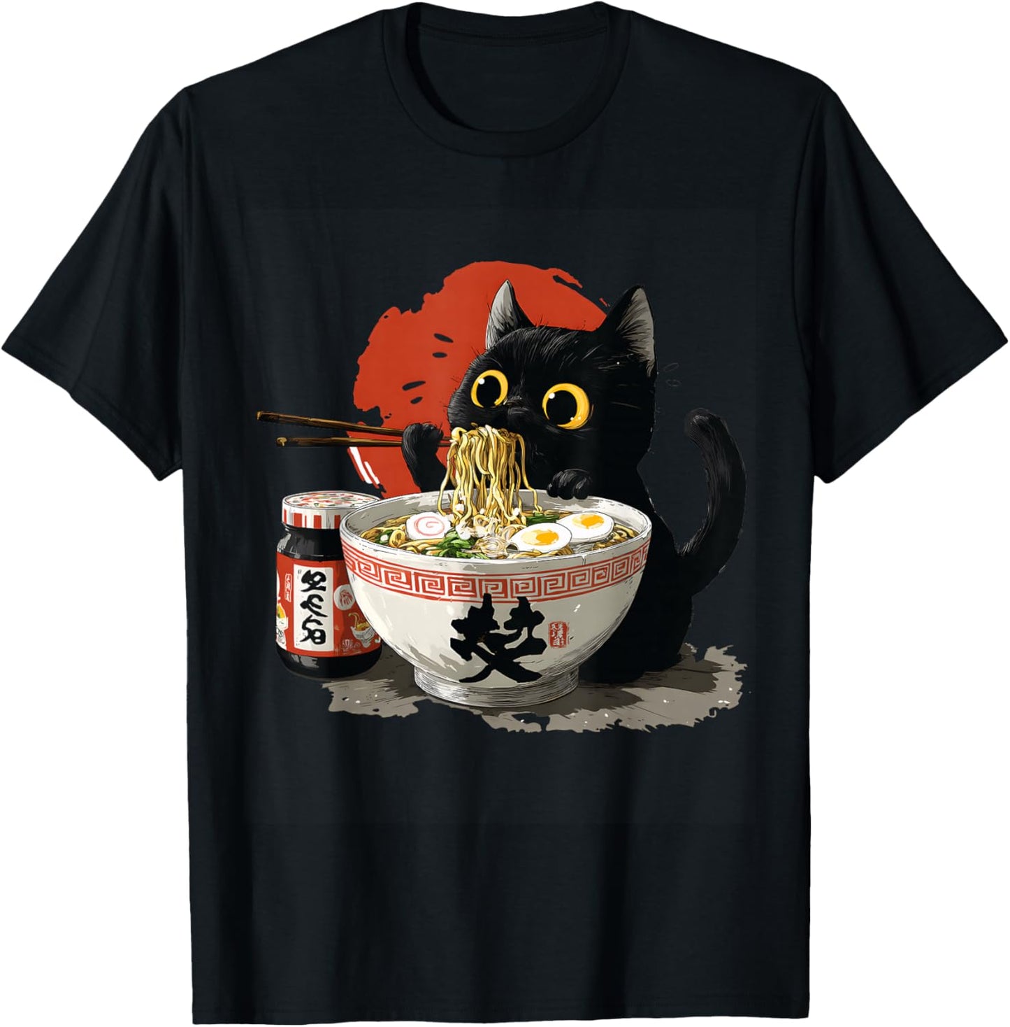 Funny Japanese Cat Eating Noodles Ramen T-Shirt - T-Shirt | Black