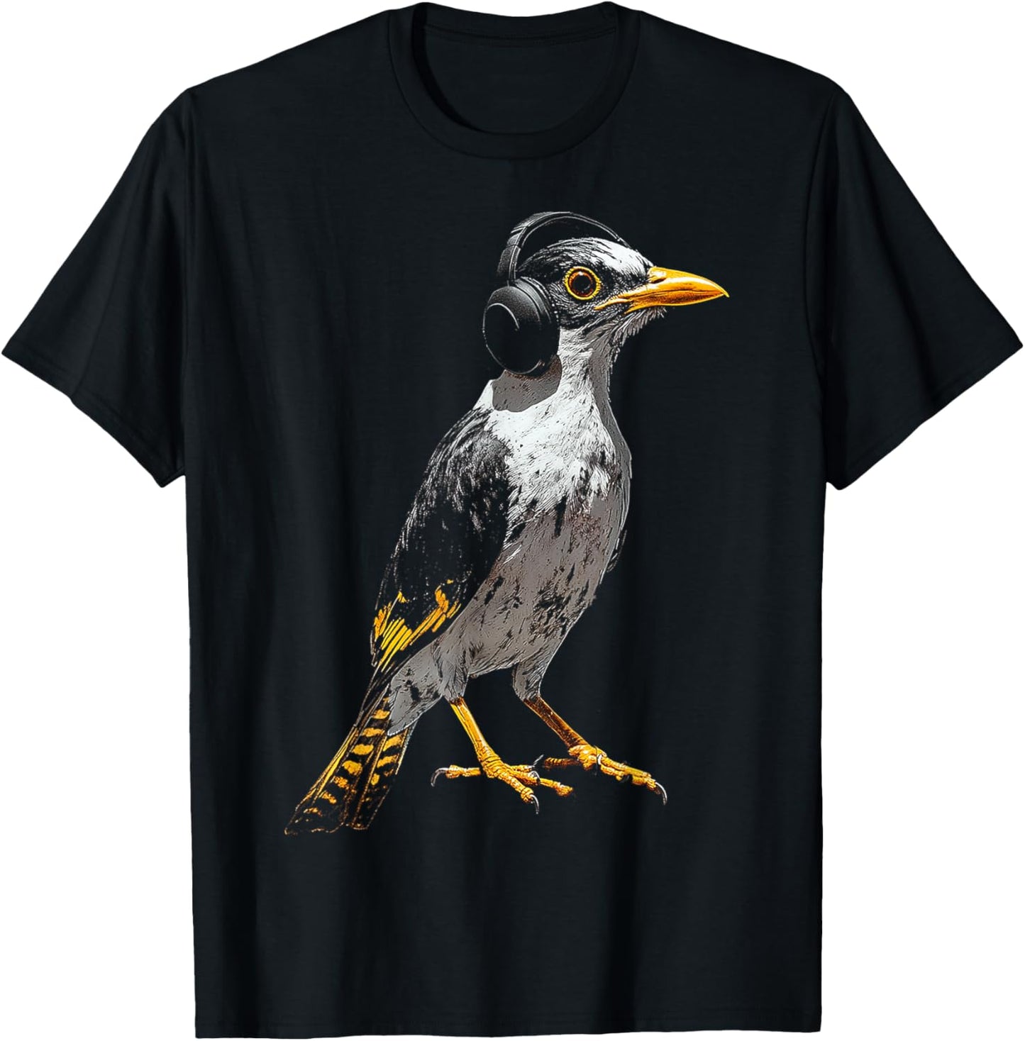 Myna Bird Motif Animal Illustration Music Headphone Myna T-Shirt - T-Shirt | Black