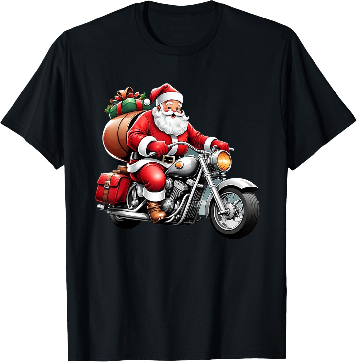 Santa Claus on a Motorcycle Delivering Gifts T-Shirt - T-Shirt | Black
