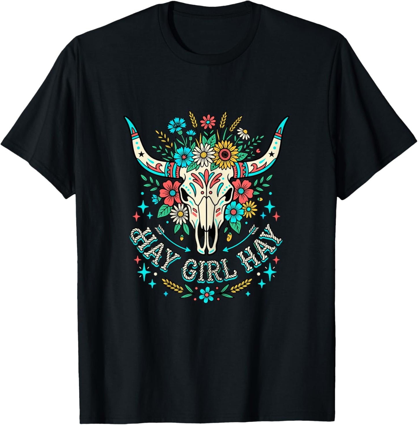 Hay Girl Hay Floral Cow Skull Boho T-Shirt - T-Shirt | Black