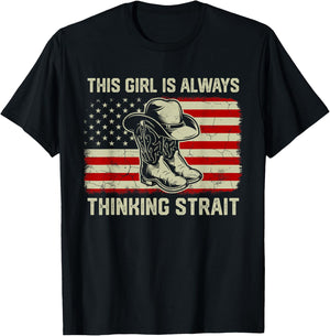This Girl Is Always Thinking Strait US Flag Cowgirl Western T-Shirt - T-Shirt | Black