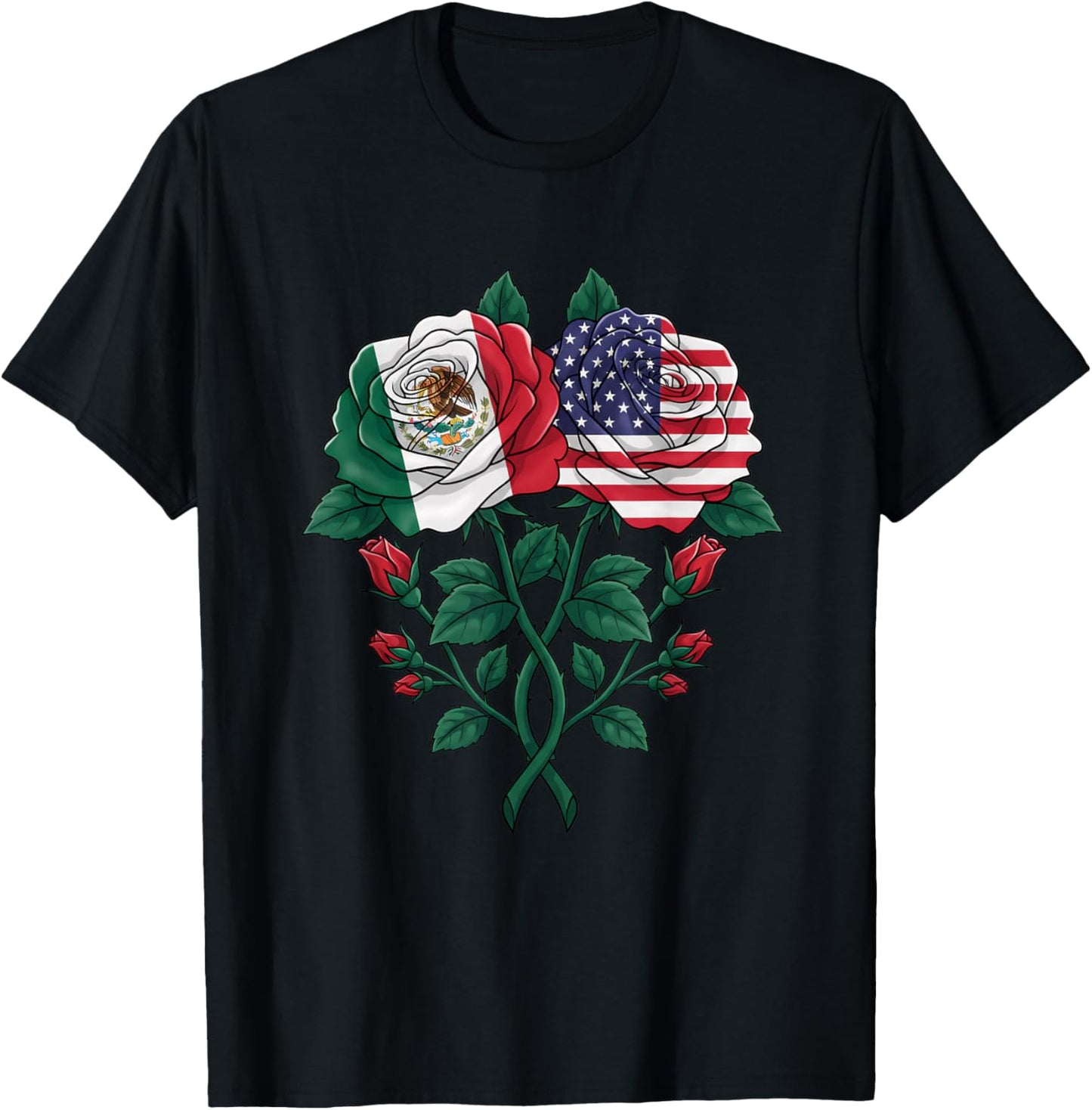 Mexican American Rose Two Flags Floral Latino USA Mexico T-Shirt - T-Shirt | Black