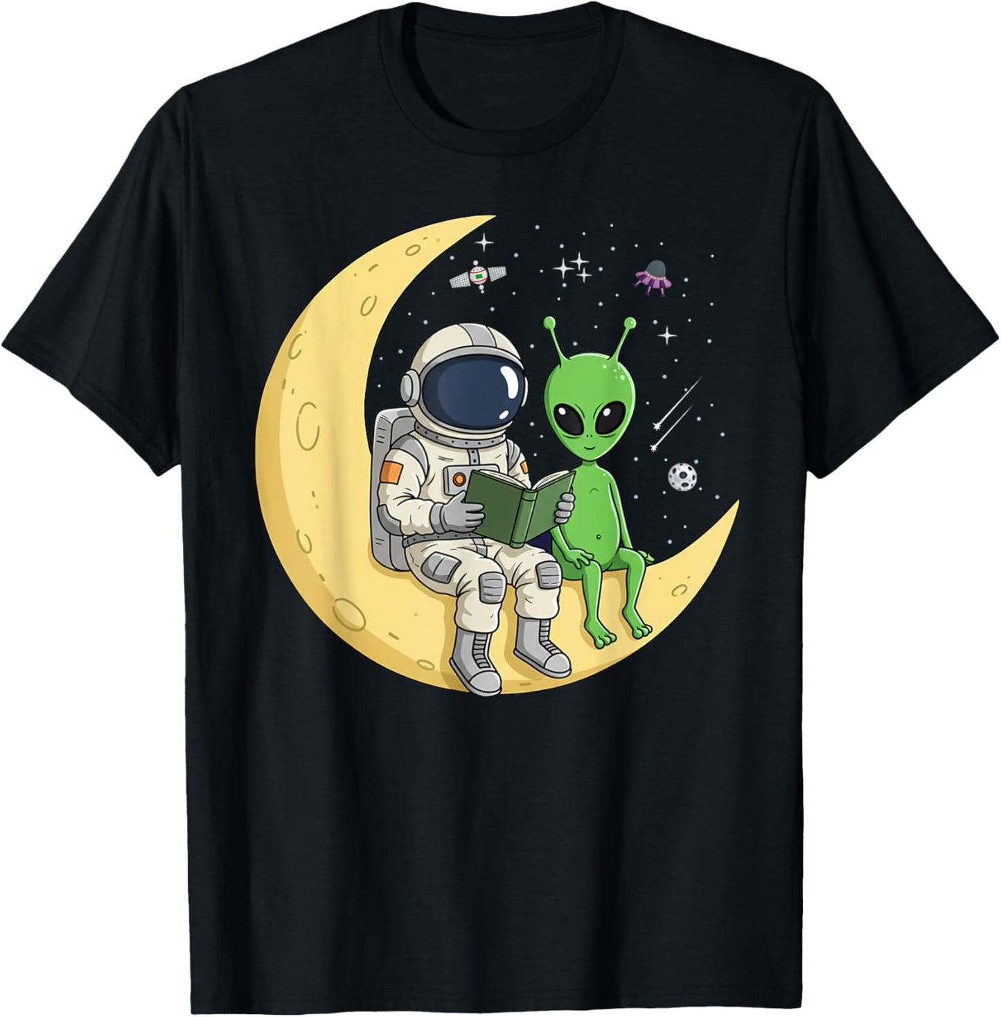 Astronaut Reading Book To Alien Moon Space Women Kids Men T-Shirt - T-Shirt | Black