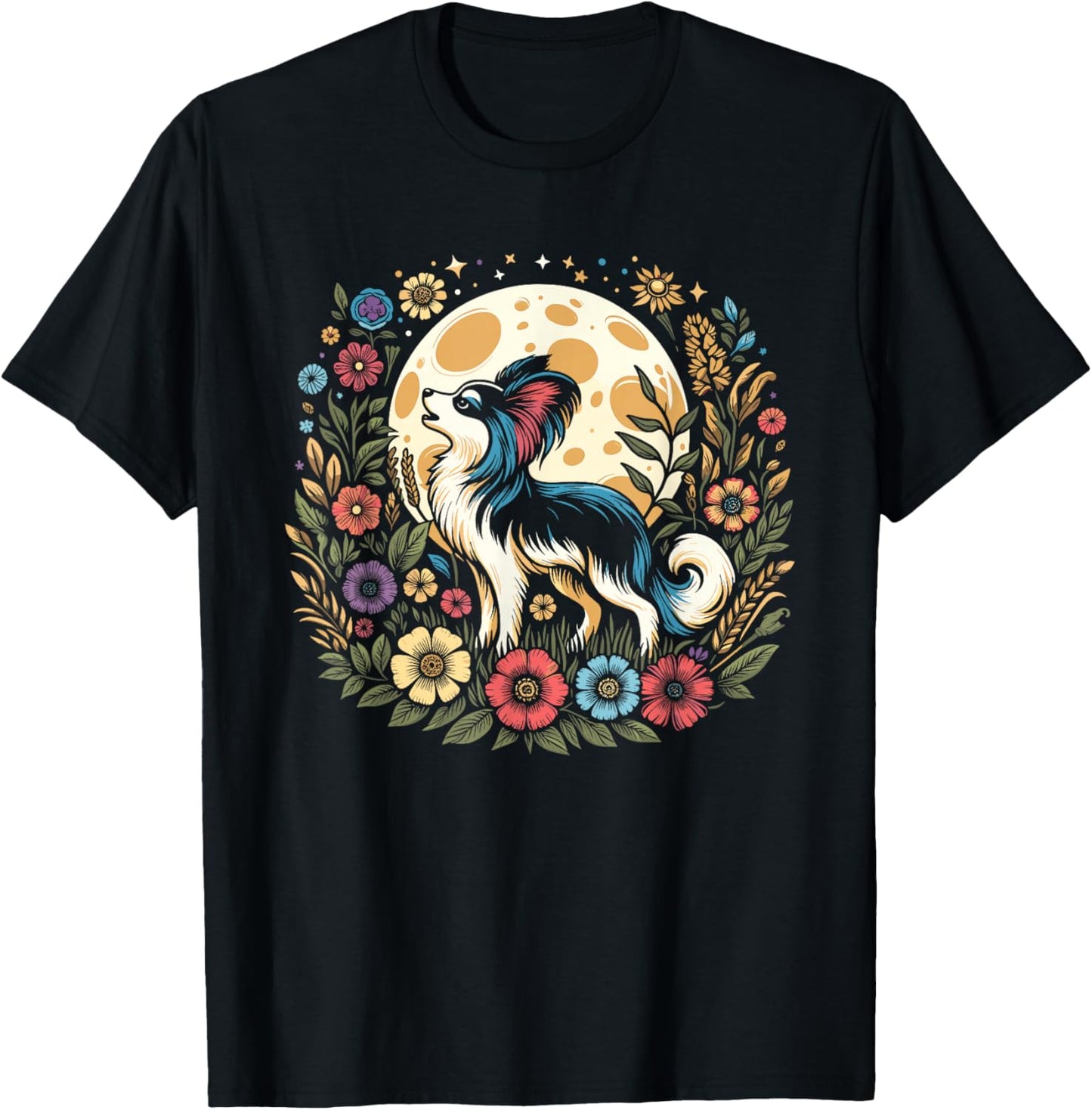 Floral Moon Papillon Dog Breed Pet - Wild Flowers T-Shirt - T-Shirt | Black