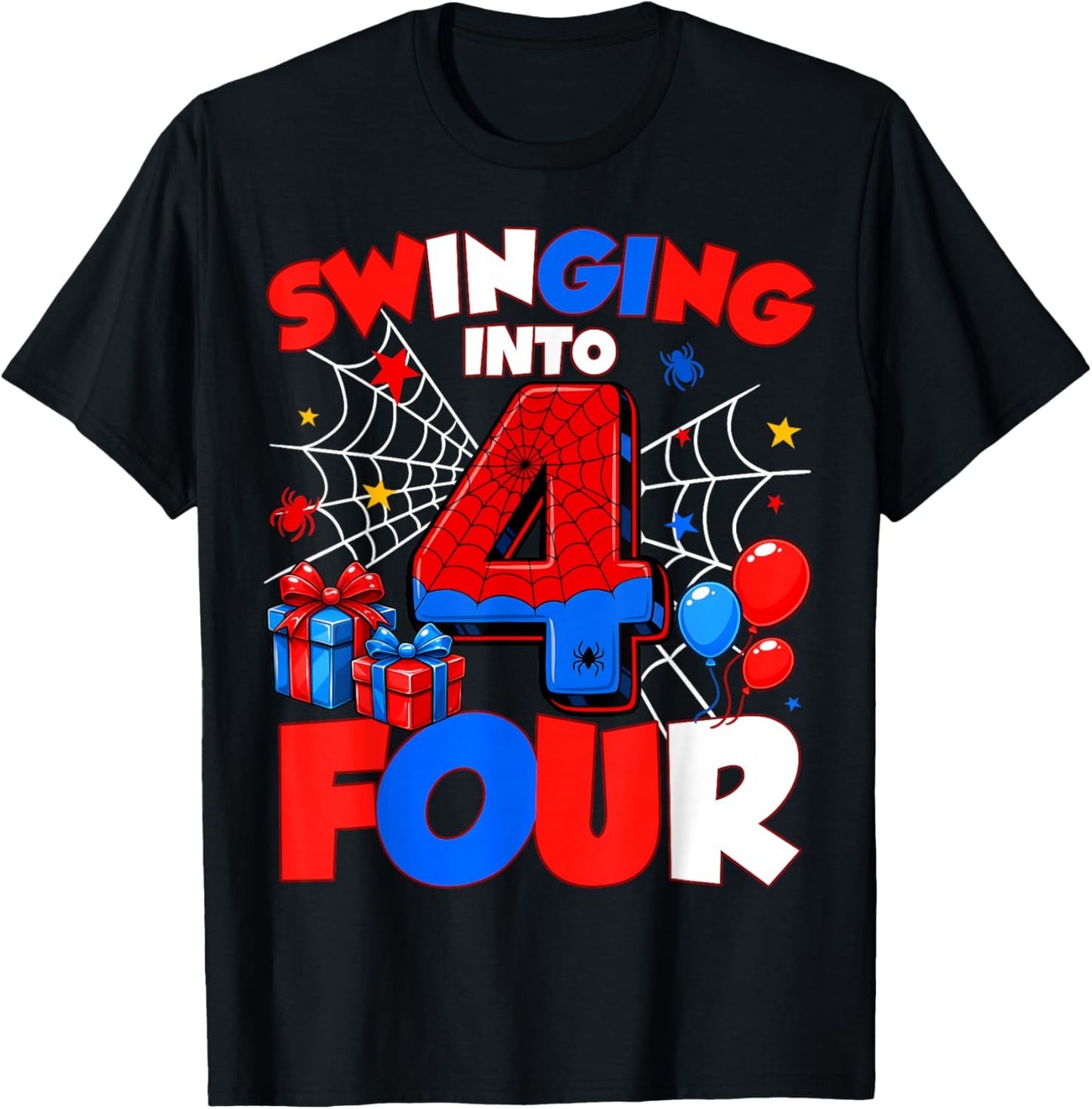 Swinging Into Four 4th Birthday Spiders 4 Year Old Boys T-Shirt - T-Shirt | Black
