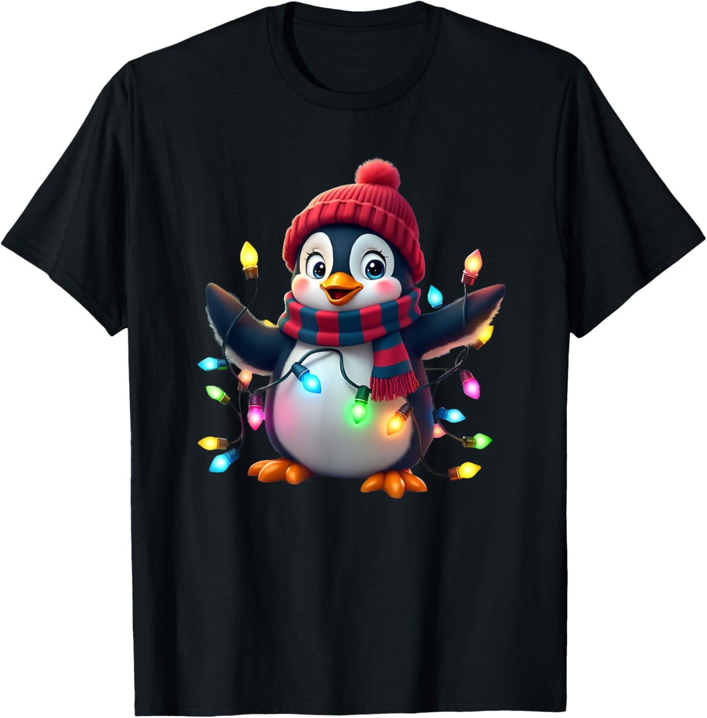 Christmas Lights Penguin Wearing Xmas Hat Penguin Lovers T-Shirt - T-Shirt | Black