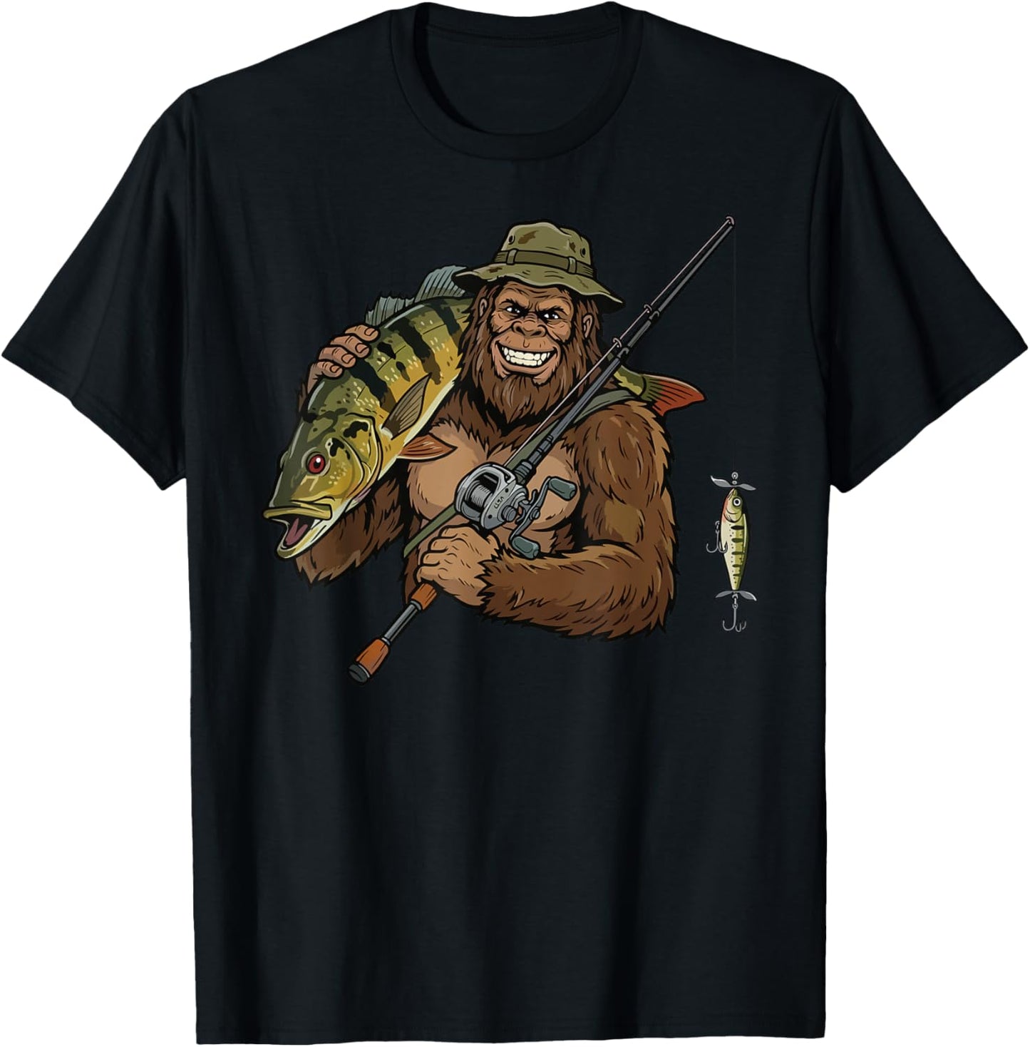 Peacock Bass Fishing Funny Bigfoot T-Shirt - T-Shirt | Black
