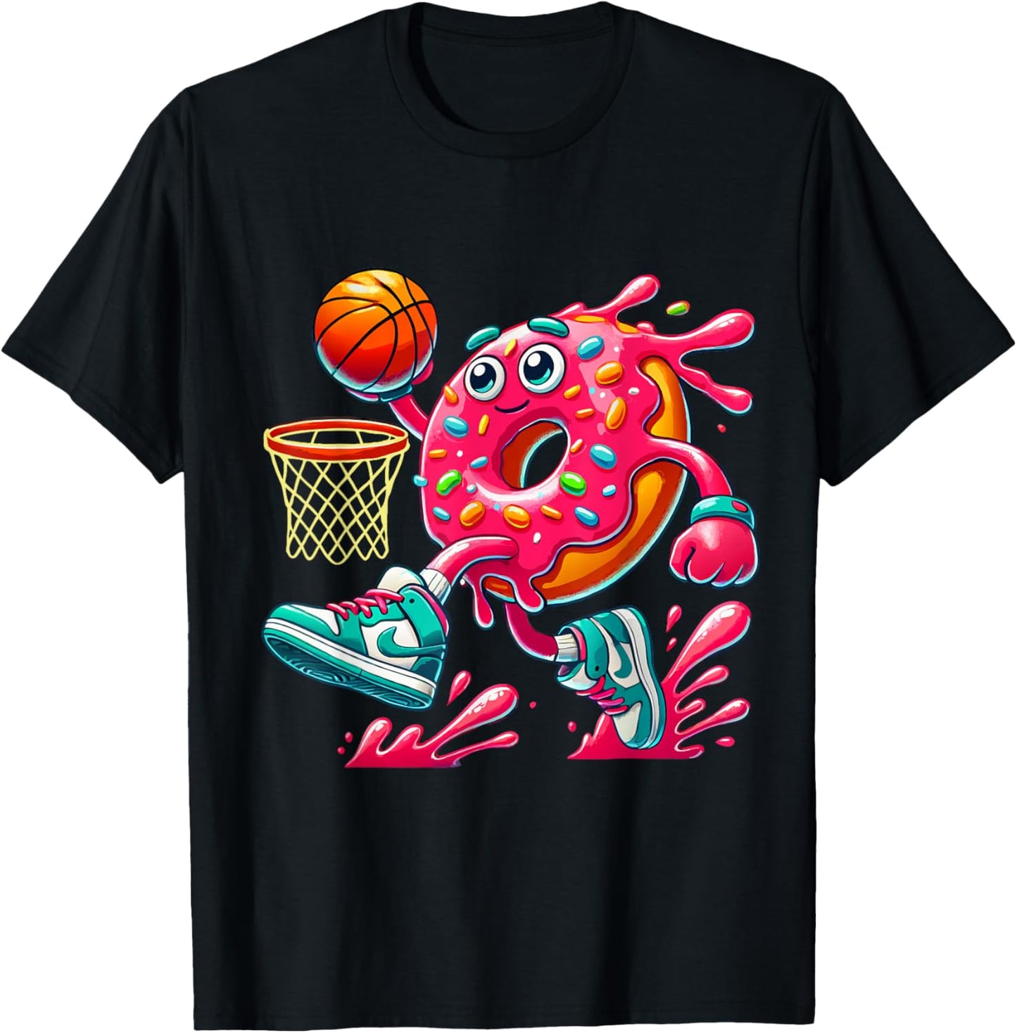 Funny Donut Basketball Food with Fun Cartoon Style T-Shirt - T-Shirt | Black