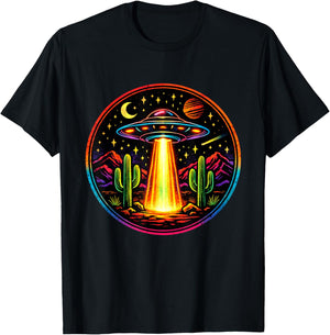 Retro UFO Desert Colorful Vibrant Aliens Conspiracy Lover T-Shirt - T-Shirt | Black